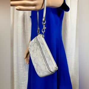 Coach Silver Signature Jacquard Wristlet with Metallic Trim